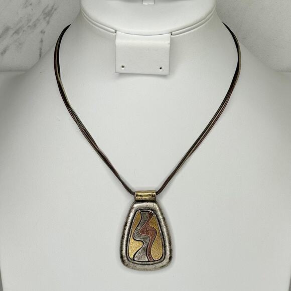 Vintage Chico's Boho Abstract Pendant Mixed Metal Statement Necklace ✨ - Picture 1 of 8